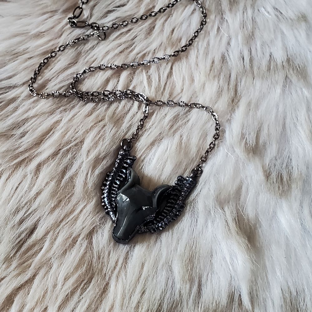 Shadow Fang - Silver sheen obsidian carved wolf necklace