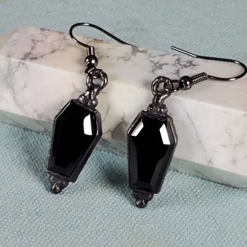 Tiny Death - Black Spinel Coffin Earrings