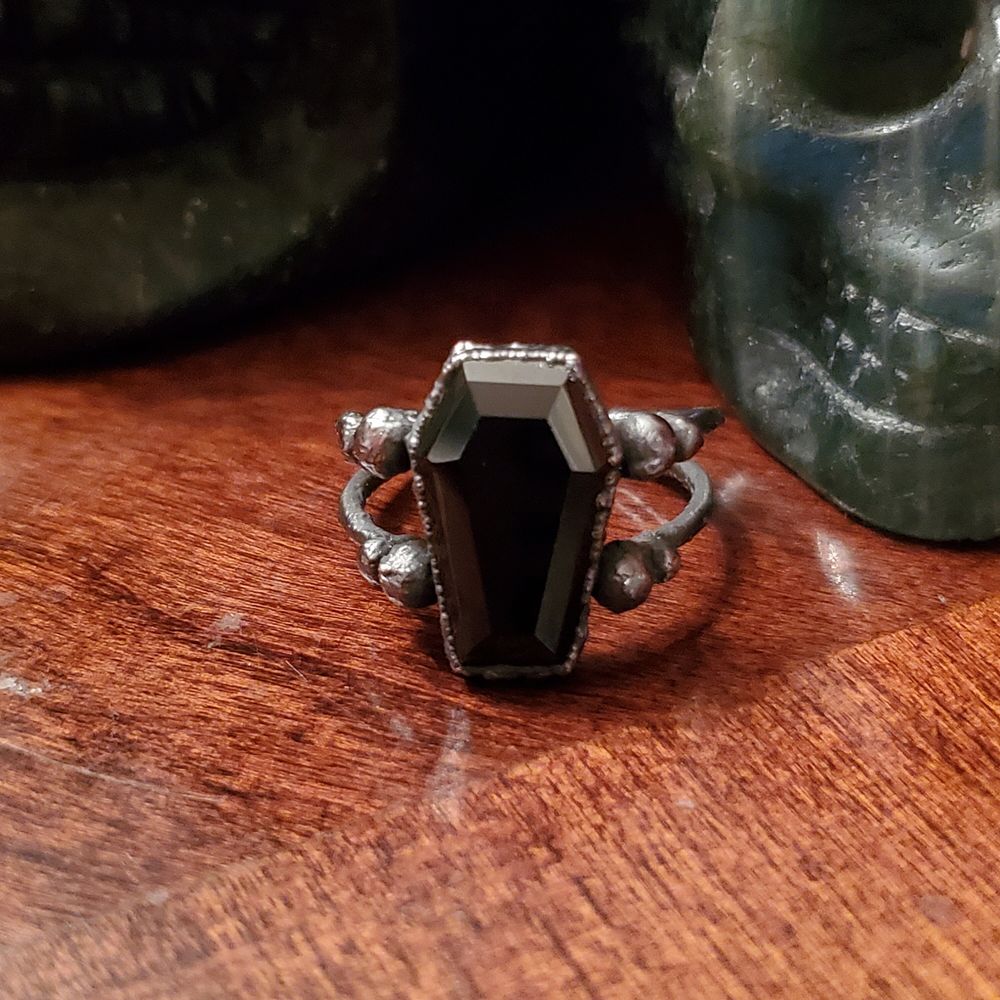 Gunmetal Goth Coffin Ring in Electroformed Copper with Black Spinel - size 7.25