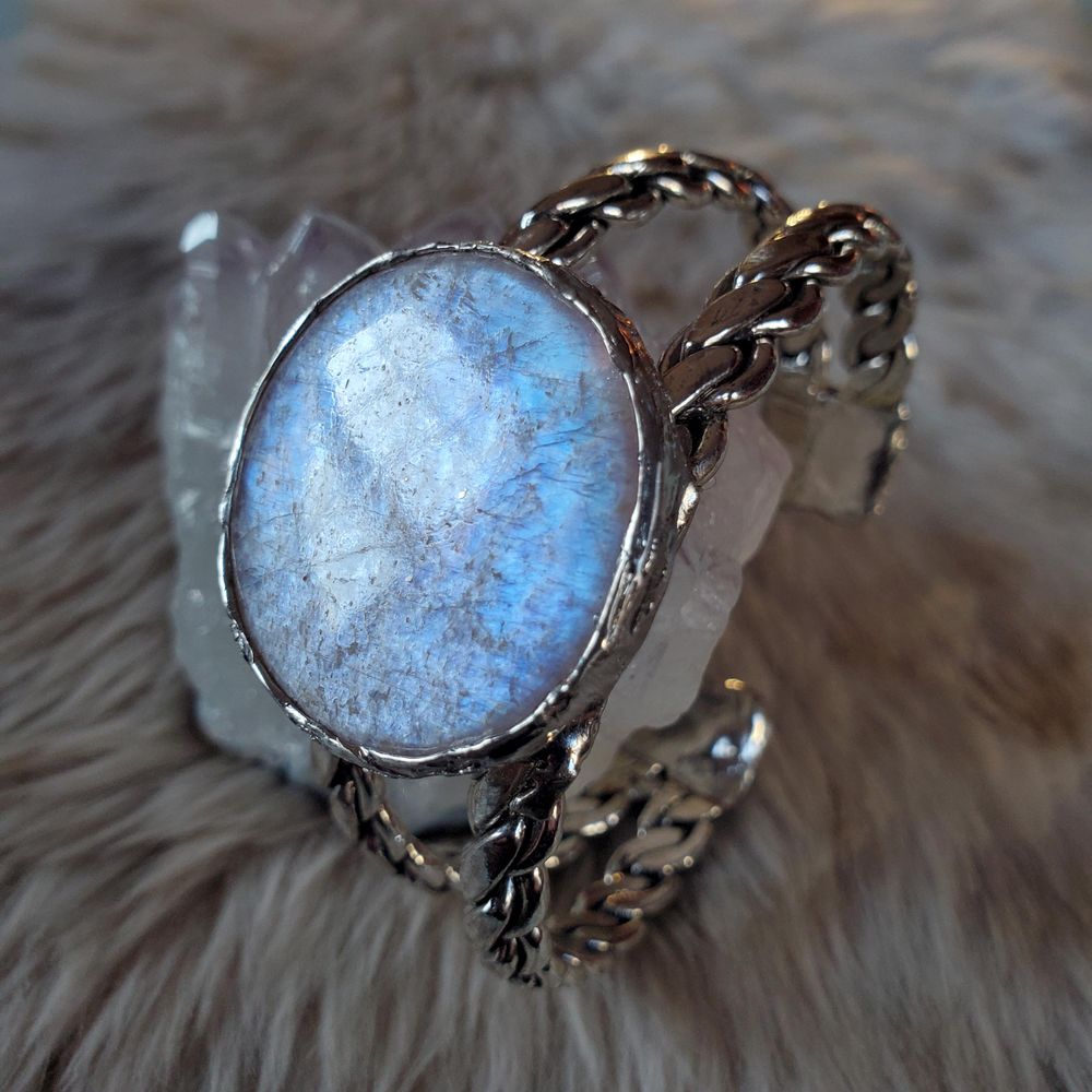 Full Moon Cuff - African Moonstone Tiffany Technique Silver Solder Bracelet
