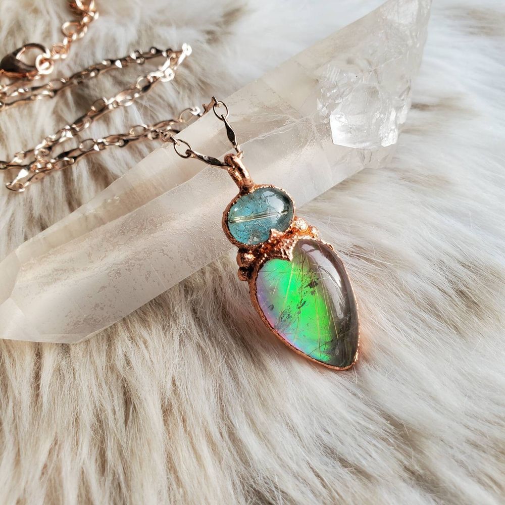 Flash - Copper Electroformed Necklace of Aurora Opal and Apa...